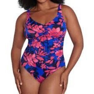 Aqua Green Size M One Piece Cinch Front Swimsuit Royal Blue Pink Tropical Floral
